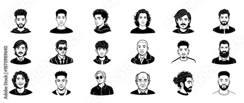 Diverse portraits of male faces in black and white line art
