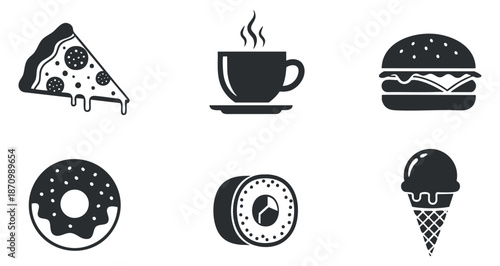 A collection of food icons featuring pizza, coffee, a burger, a donut, and ice cream in minimalist black and white vector style, suitable for food-related branding and design