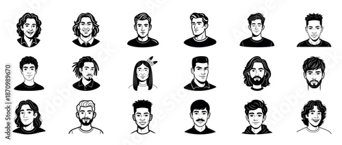 Diverse cartoon male expressions with varied hairstyles and styles