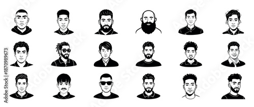 Diverse male avatars set featuring various hairstyles and facial hair styles