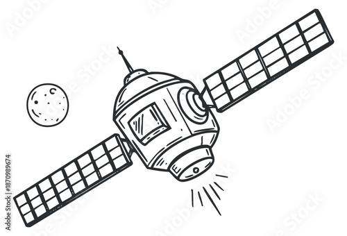 A detailed illustration of a satellite with solar panels and a planet in black and white outline style, suitable for educational and scientific themes