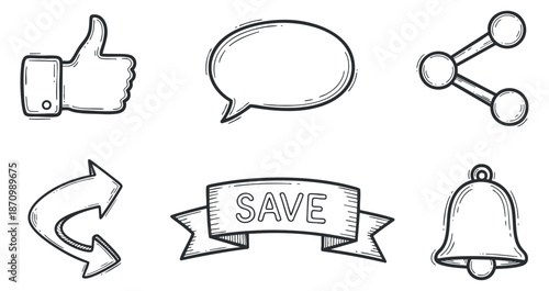 A collection of hand-drawn outline icons including a thumbs up, speech bubble, share symbol, save banner, and notification bell in minimalist vector style, suitable for web and app design
