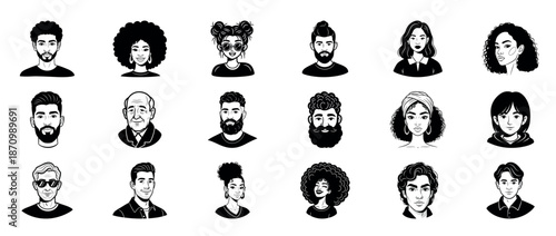 Diverse portrait illustrations of various genders and races in black and white