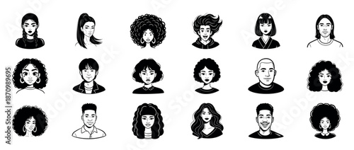 Diverse hand-drawn portraits of men and women with various hairstyles