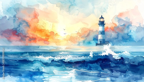 Abstract watercolor blue lighthouse on waves