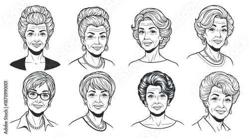 A collection of eight elegant women portraits in black and white line art style, ideal for beauty and fashion themes