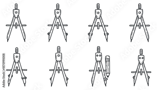 A set of drawing compasses and related tools in black and white outline vector style, ideal for educational and design projects
