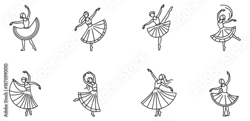 A collection of graceful dancers in various poses in black and white minimalist vector style, ideal for dance-themed projects