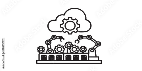 Smart production vector icon, automated machine park and cloud gear symbol, industrial automation concept, black outline and filled style, isolated on transparent background, minimalist vector design 