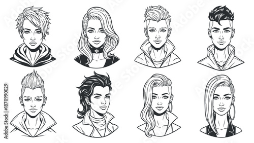 A collection of diverse male and female portraits in monochrome line art vector style, perfect for fashion and beauty branding