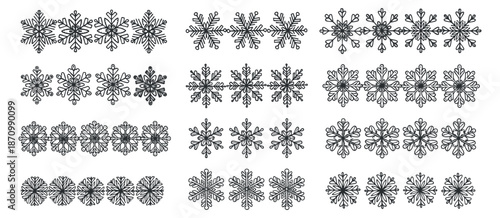 A collection of decorative snowflake designs in black and white outline vector style, ideal for winter-themed projects and festive occasions