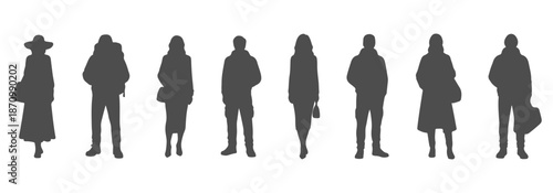 CAD side view drawing of silhouette people with detailed outfits—hoodies, jackets, dresses, backpacks, handbags, hats. Vector illustration