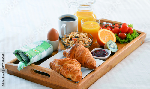 Fényképezés Breakfast tray in bed in hotel room