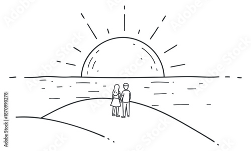A couple holding hands at sunset by the ocean in minimalist outline vector style, ideal for romantic illustrations and greeting cards