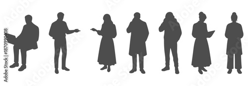CAD top view detailed vector of office people silhouette- typing, holding documents, writing, using phone, working at laptop.