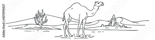 A camel walking in a desert landscape with cacti and distant mountains in minimalist outline vector style, ideal for travel and adventure themes