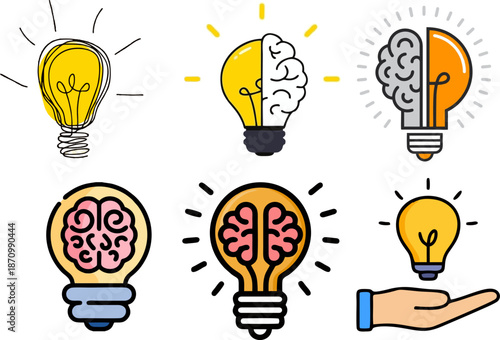 Set of creative light bulb icons combined with brain symbols. Colorful vector illustrations representing big ideas, innovation, logic, and human intelligence for business designs