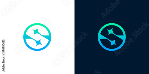 Abstract circular logo with stylized S shape and star elements in a gradient of blue and green