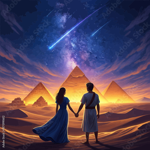 Romantic Couple Gazing at Meteor Shower Above Ancient Pyramids