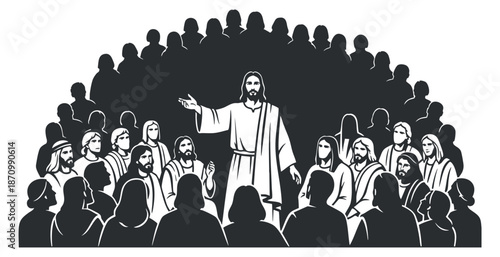 A depiction of Jesus preaching to a large crowd in a black and white vector illustration style, suitable for religious themes and educational materials
