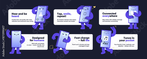 Design of cards with mascots of mobile phones set. Frames with place for text and character of smartphone. Templates with happy, greeting, dancing telephones. Flat isolated vector illustrations.