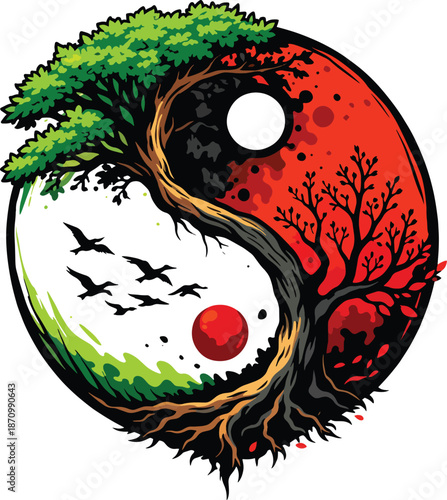 Yin yang tree of life illustration showing balance of nature, green and red seasons concept, day and night harmony, circular fantasy landscape vector art symbolizing duality, life, death and energy