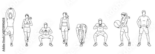 CAD top view drawing of active people—stretching, jogging, squatting, leaning, tying shoelaces, lifting light objects, standing ready. Vector illustration