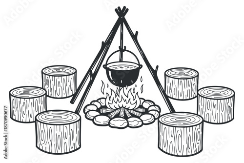 A campfire scene with a kettle hanging over the flames, surrounded by logs in black and white outline vector style, suitable for outdoor adventure themes