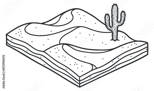 A minimalist desert landscape featuring sand dunes and a cactus in black and white vector style, suitable for nature-themed projects