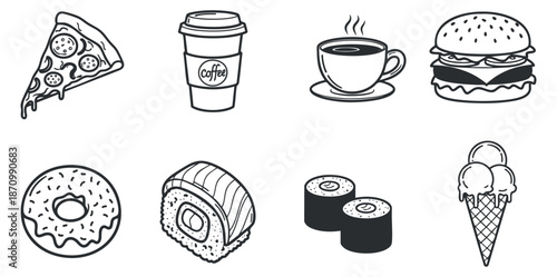 A collection of outlined food and beverage icons including pizza, coffee cup, donut, sushi, burger, and ice cream in minimalist vector style, perfect for restaurant menus and food-related projects