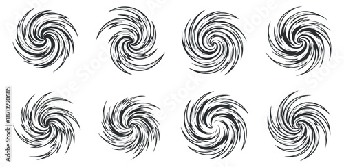 A collection of eight swirling spiral designs in black and white vector style, perfect for creative projects and graphic design