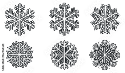 A collection of six unique snowflake designs in black and white outline vector style, perfect for winter-themed projects