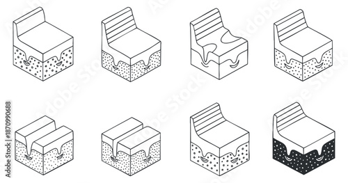 A set of layered dessert cakes in black and white minimalist vector style, ideal for pastry shop branding