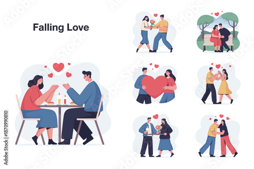 Valentine romantic scene collection titled Falling Love featuring couples on dinner dates, sitting on park benches, and sharing gifts in a modern flat vector design style.