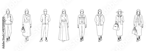 CAD top view drawing of people with detailed outfits—hoodies, jackets, dresses, backpacks, handbags, hats. Vector illustration