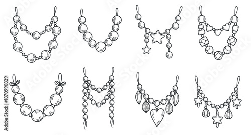A collection of hand-drawn necklaces with various bead designs and charms in outline style, ideal for fashion and jewelry branding