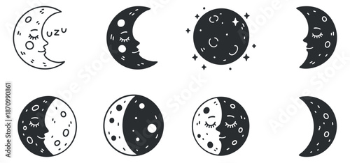 A set of whimsical moon illustrations featuring various expressions and styles in black and white vector design, perfect for creative projects and branding