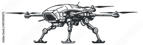 A futuristic drone with robotic legs and propellers in outline vector style, suitable for technology and innovation projects
