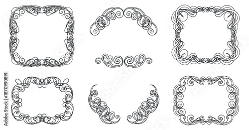 A collection of six ornate decorative frames and borders in elegant black and white line art style, perfect for invitations and graphic design