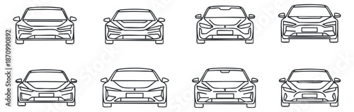 A set of eight car front view icons in minimalist outline vector style, suitable for automotive design and branding projects