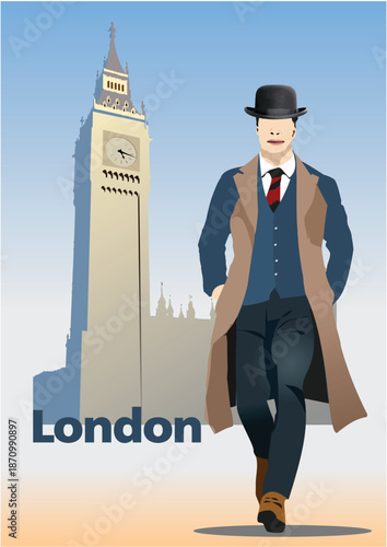 047-02-Man with bowler hat and trench coat walking in front of big ben and london cityscape