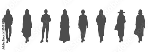 CAD top view drawing of silhouette people with detailed outfits—hoodies, jackets, dresses, backpacks, handbags, hats. Vector illustration
