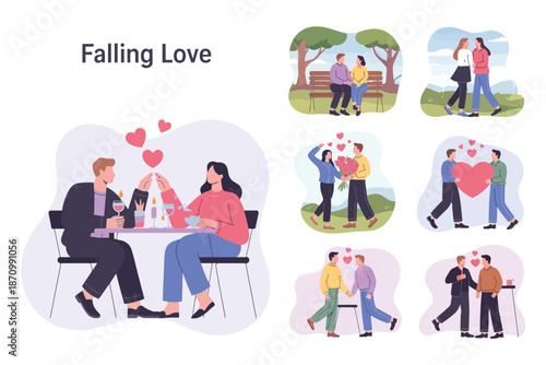 Valentine Set of affectionate couples on dates and embracing, featuring diverse characters in a modern flat vector style with hearts for dating apps and lifestyle themes.
