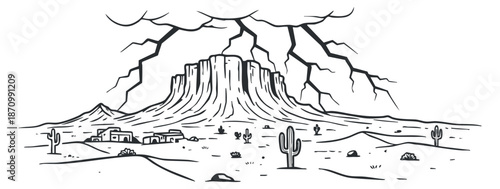 A desert landscape featuring a prominent mountain, cacti, and a stormy sky in black and white minimalist vector style, perfect for nature-themed designs
