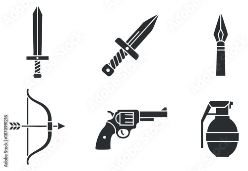 A collection of various weapon icons including a sword, dagger, bow, revolver, pen, and grenade in minimalist black vector style, suitable for gaming or design projects