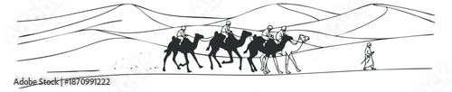 A group of riders on camels traveling across a minimalist black and white desert landscape illustration, ideal for travel and adventure themes