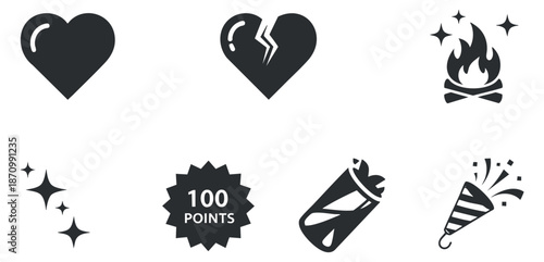 A collection of heart, broken heart, fire, sparkles, celebration, and points icons in modern black and white vector style, perfect for graphic design projects