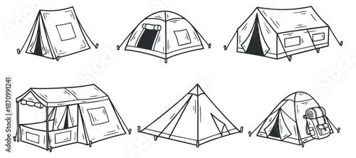 A collection of various camping tents in line art vector style, suitable for outdoor adventure themes and travel designs