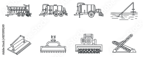 A collection of construction vehicles including a dump truck, cement mixer, and excavator in minimalist outline vector style, ideal for engineering and construction projects