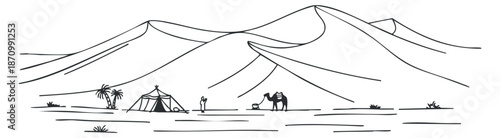 A minimalist line art illustration of a desert landscape with mountains, a tent, and hikers, suitable for travel and adventure themes